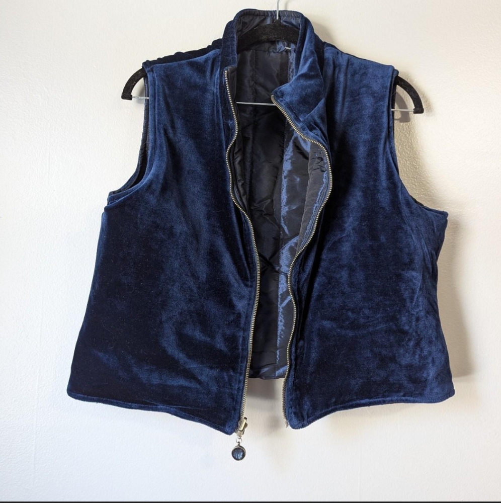 90s VTG Liz Claiborne Reversible Quilted Blue Velvet Iridescent Puffer Vest S